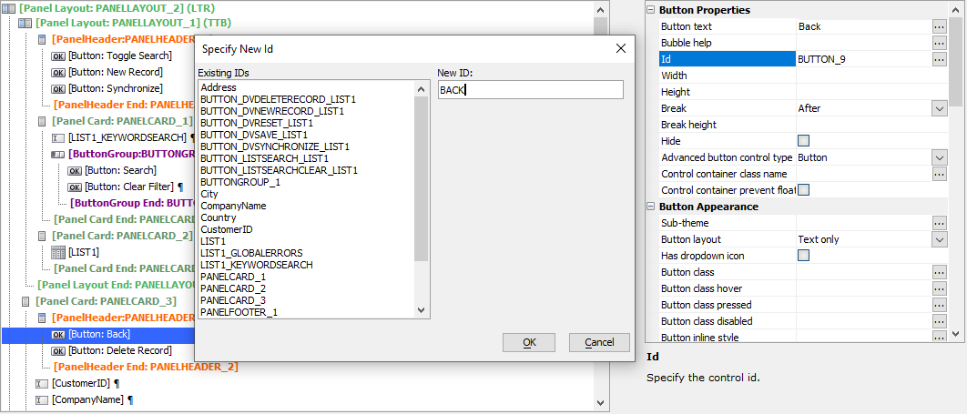 Changing the ID for the Button using the Specify New Id
dialog.